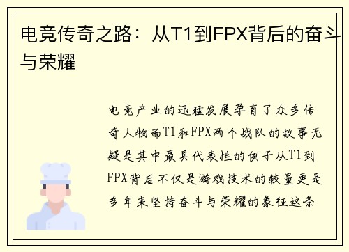 电竞传奇之路:从T1到FPX背后的奋斗与荣耀 电竞传奇之路:从T1到FPX背后的奋斗与荣耀